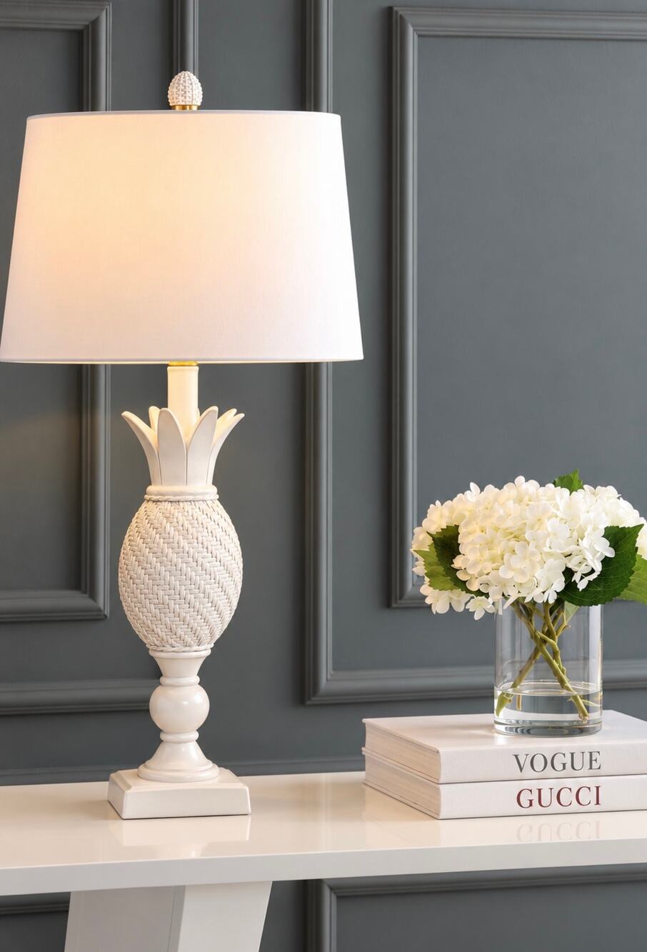 Vintage White Carved Wood Pineapple Table Lamp – Palm Beach Regency Coastal